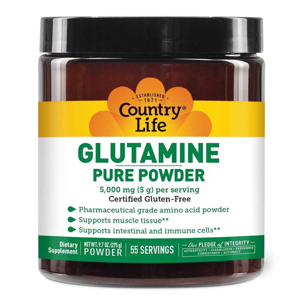 Country Life Glutamine Pure Powder - 5000mg L- Glutamina - Tkanka mięśniowa, Gut Health, Wsparcie immunologiczne - Bez glutenu Certified - Idealny przed / post Trecout Amino Acid Supplement, 55 Służenie, 9.7oz