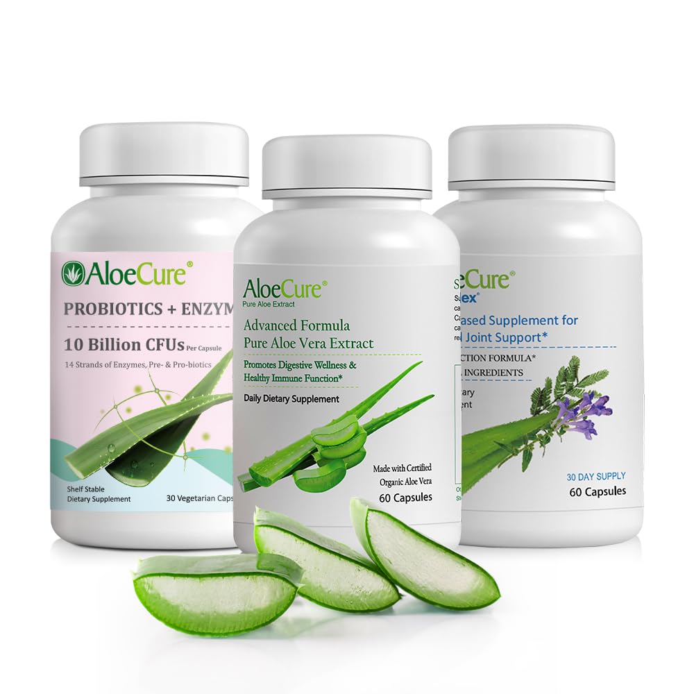 AloeCure Organic Aloe Vera kapsułki Pack - 3 kawałki - VeraFlex, Aloe Vera kapsułki, Probiotyki + Enzymy