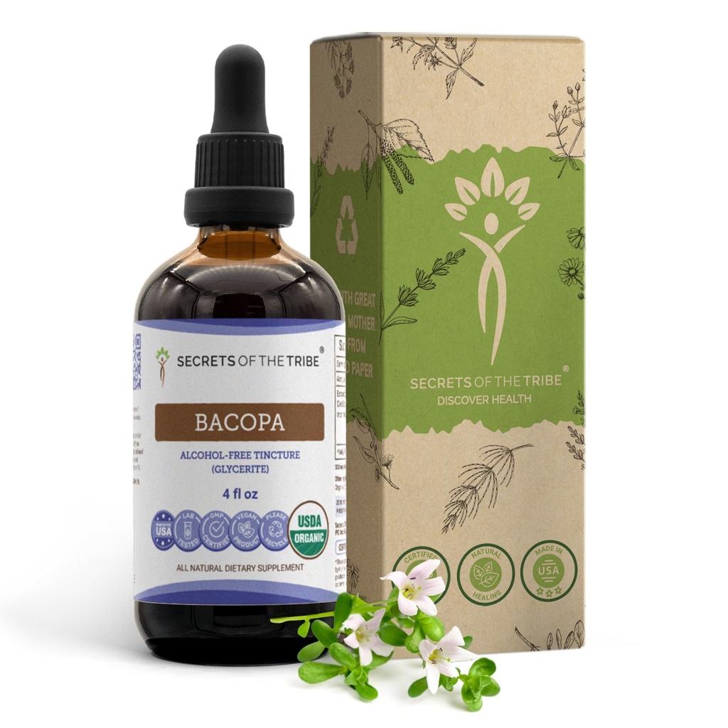 Bacopa USDA Organic Equipment 124; Wyciąg bez alkoholu, Wysokiej mocy zioła Drops, Relaks, Pozytywny efekt kognitywny Equipment 124; Wykonany z 100% Certified Organic Bacopa (Bacopa Monnieri) Suszony Herb 4 oz