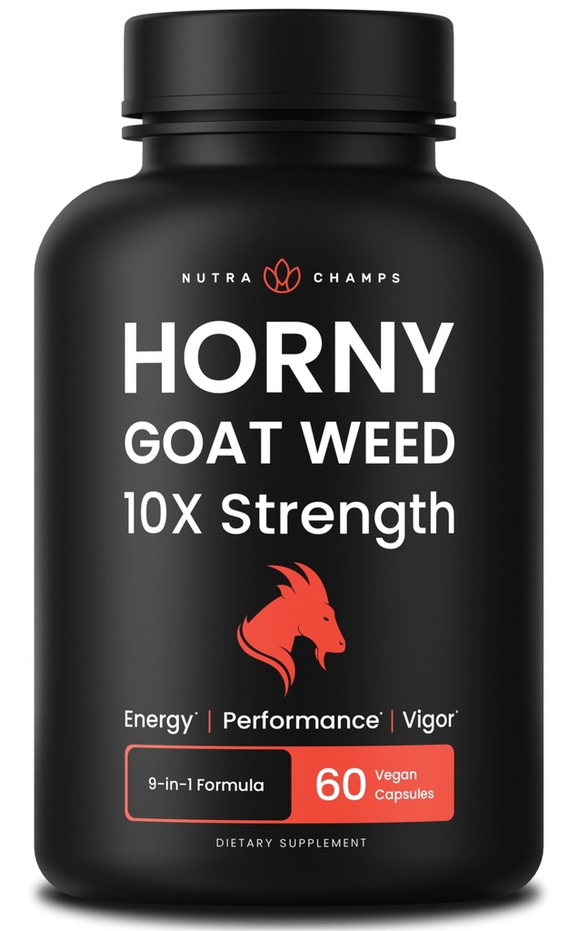 NutraChamps Horny Goat Weed, 1000mg Epimedium Supplement Energy, 10X Siła Icariin, Ginseng, Tribulus & Maca pigułki dla kobiet i mężczyzn, Zwiększona absorpcja z Black Pepper, 60 Kapsułki wegańskie