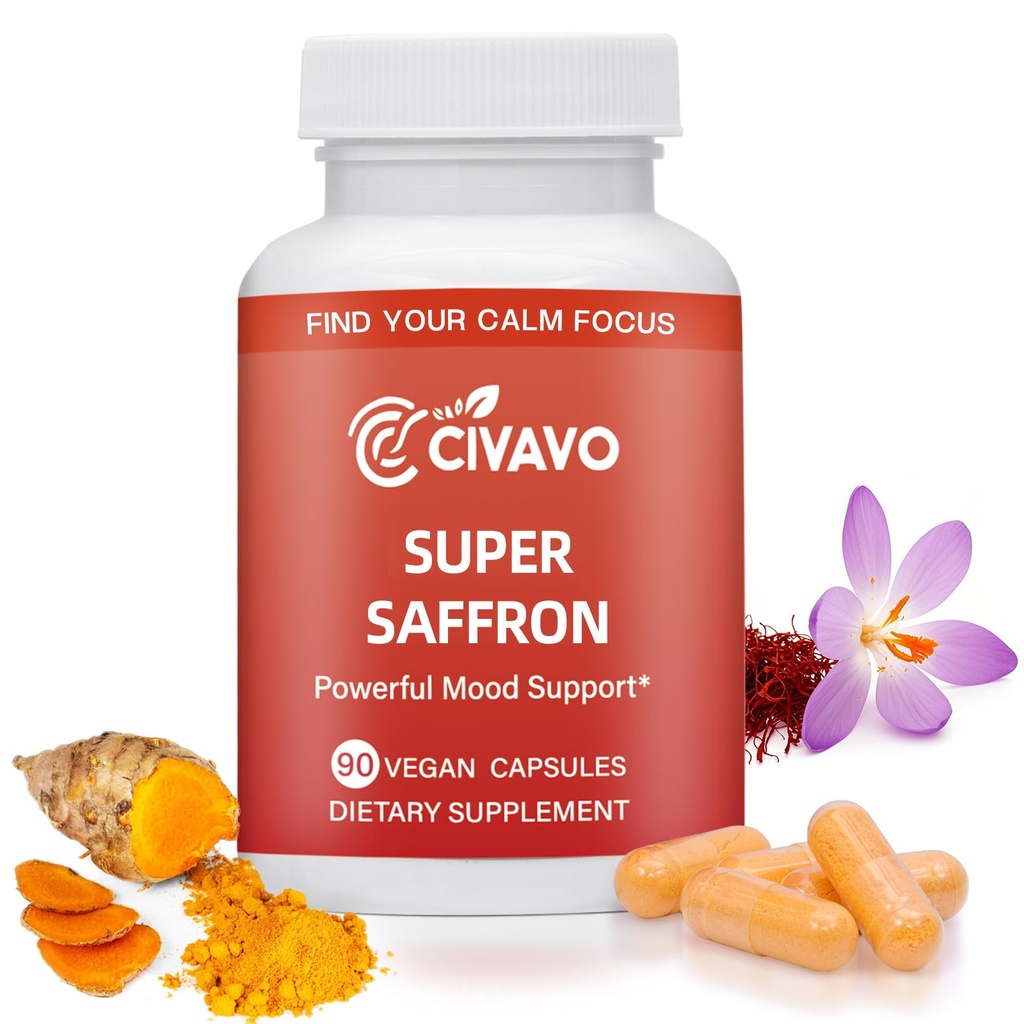 Super Saffron Supplements for a Happy Mind & Body - with Pure Optimized Organic Saffron Extract 30mg, Curcumin & Zinc - Vegan Non-GMO Pills Support Focus, Mood, Eye Health for Women & Men 90 Capsules