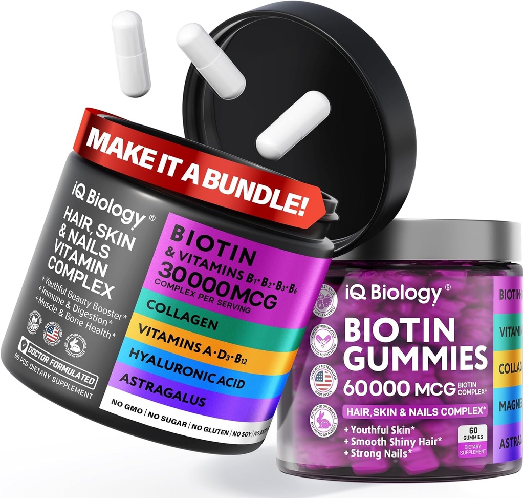 Biotin Hair Growth Bundle - Biotin Vitamins & Keratin Kapsułki + Gumiaki do włosów z Collagen & Astragalus - Witaminy skóry włosów dla kobiet i mężczyzn 124; 60 Czapki + 60 Gumiaki