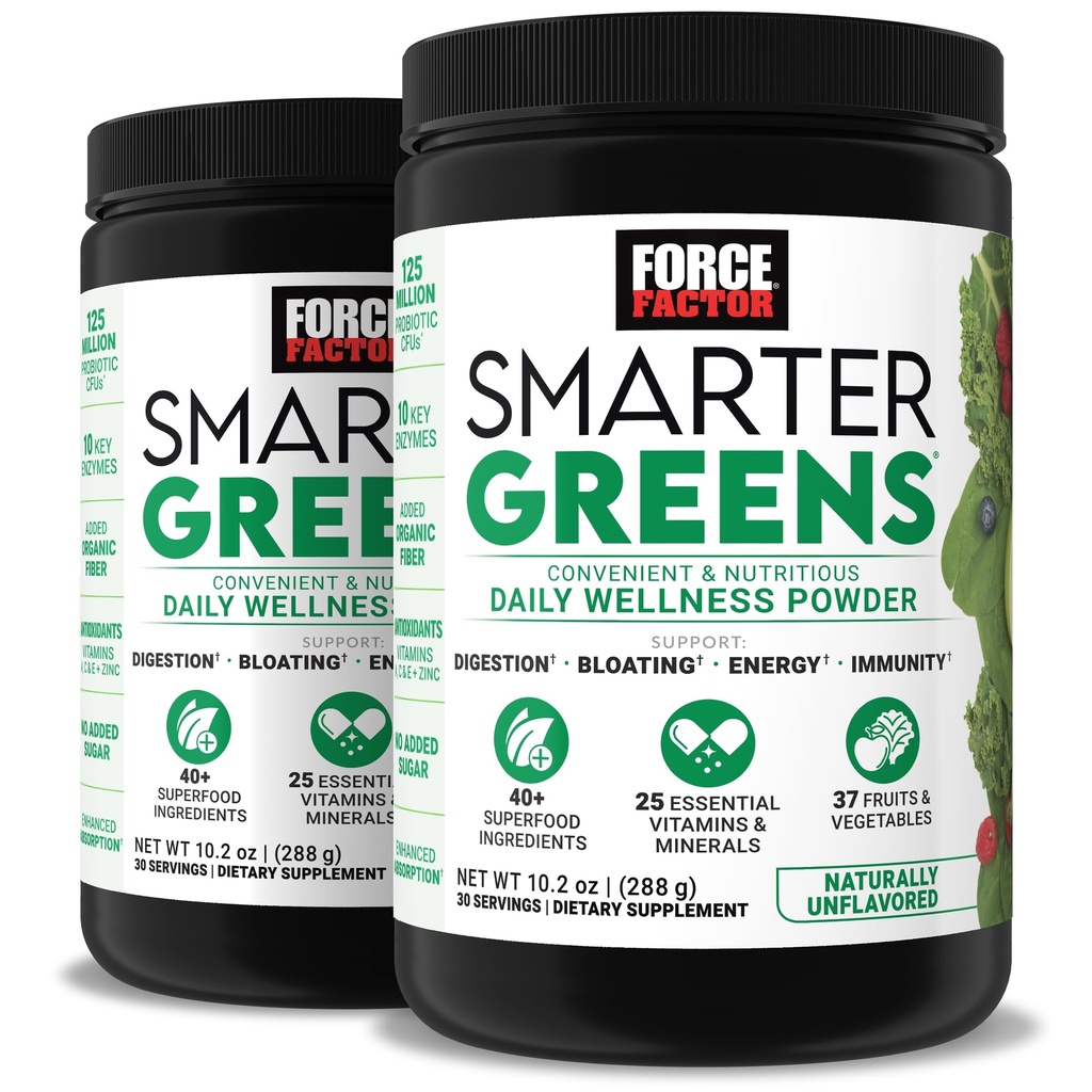 Force Factor Smarter Zielonych Codziennie Wellness Proszek 2- Pack do wsparcia energii, Immunitet i trawienie, Superfood Zielone Proszek z witamin, minerałów i probiotyki, Nieflavored, 60 Służenia