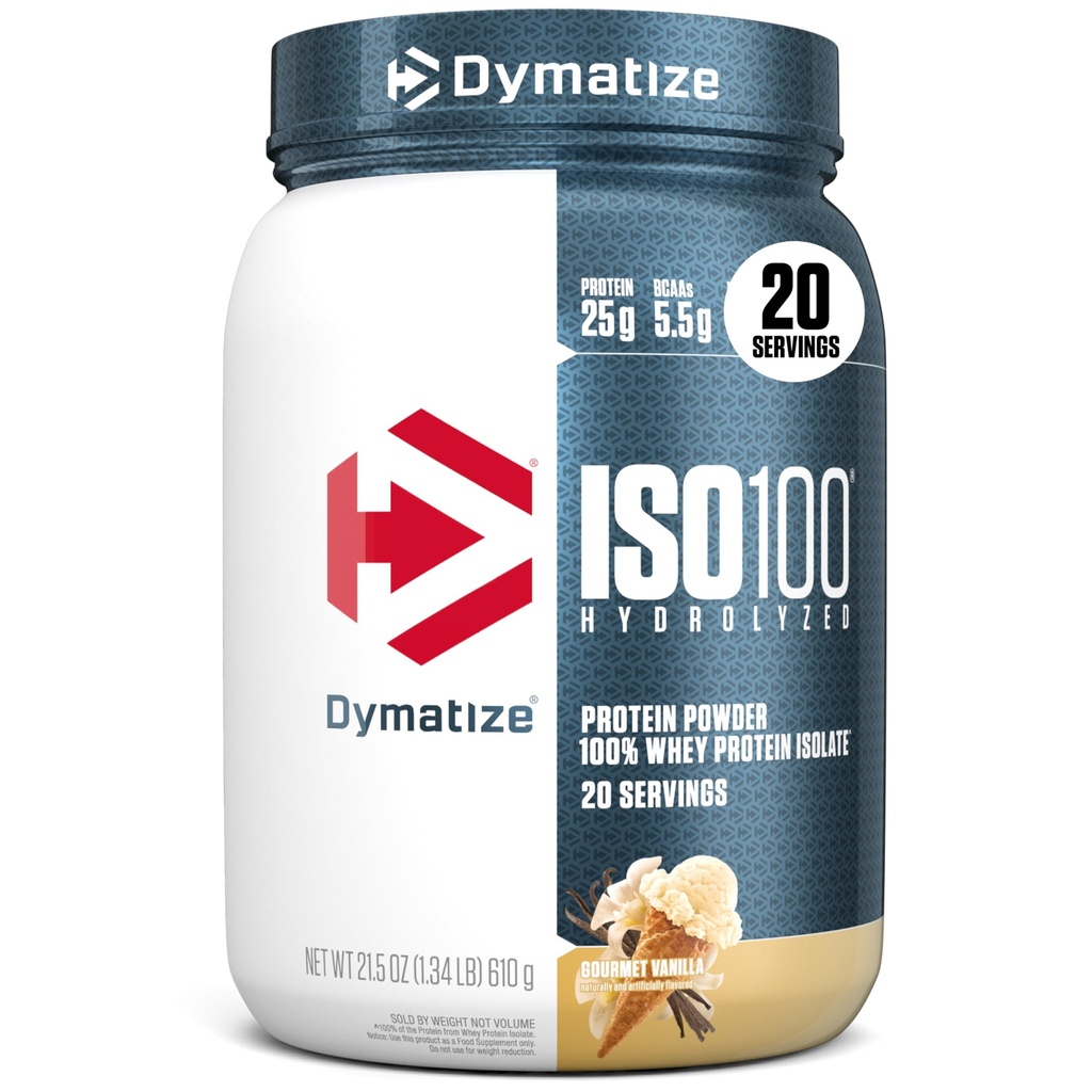 Dimatize ISO100 Proszek proteiny serwatki Izolat, Gourmet Vanilla, 25g białka, 5,5g BCAA, Mniej niż 120 Cal., Gluten Free, 1g tłuszczu, 1g cukru, 2g Carb (20 Sług)