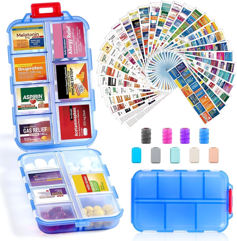14 Grids Travel Pill Organizer Box z 415- Pcs Medicine Name Etykiety - Pocket Daily Pharmacy Case Case Kit - Travel Mexication Holder Dispenser for Fish Oil Supplement Supplement Storage -Clear Blue