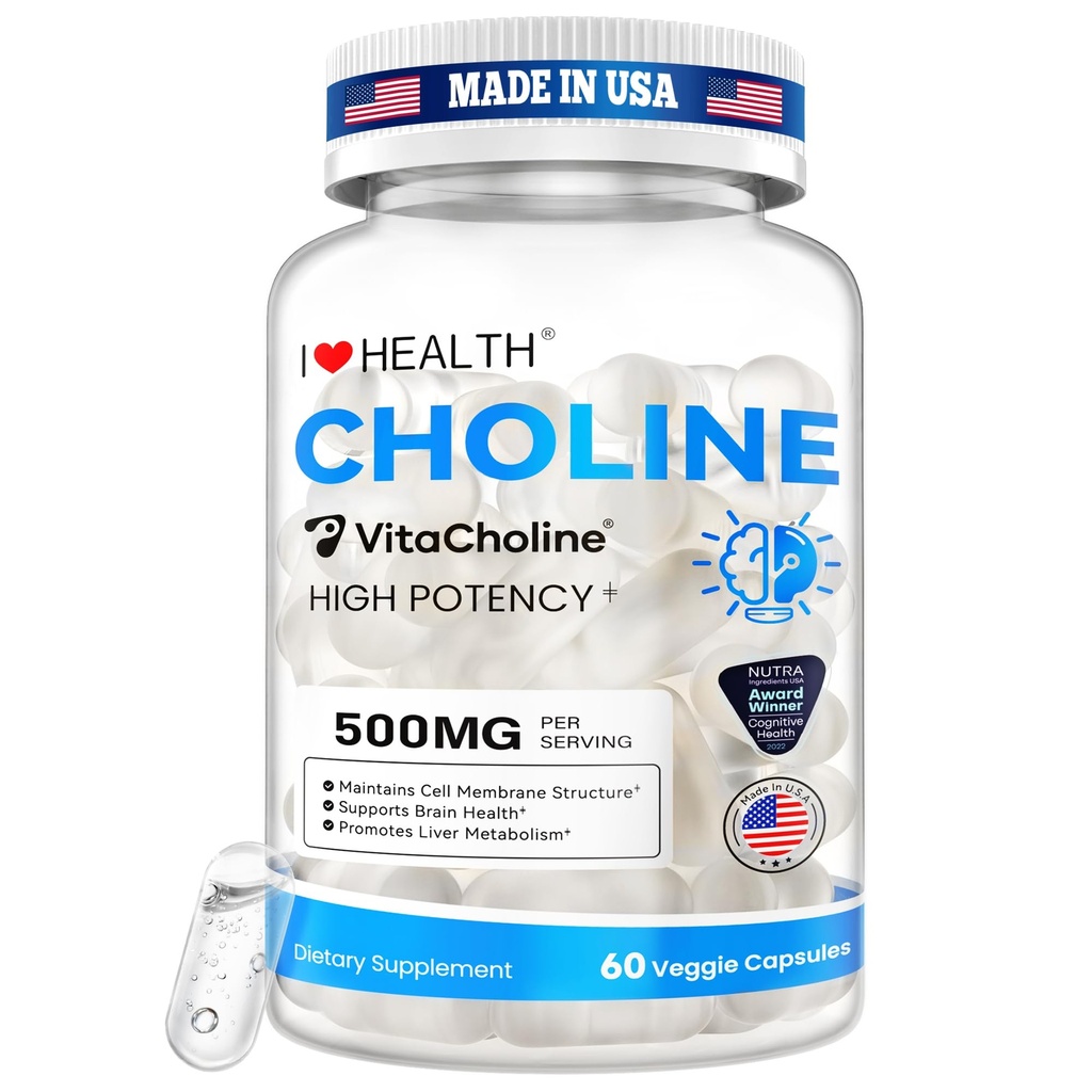 Award Winner -Clinically Dosed 500mg VitaCholine ® - 60 Caps - Liquid Choline Supplement –Support Pregnancy & Baby Brain & Liver Health LDL & HDL Level - Cognitive Health - Made in USA