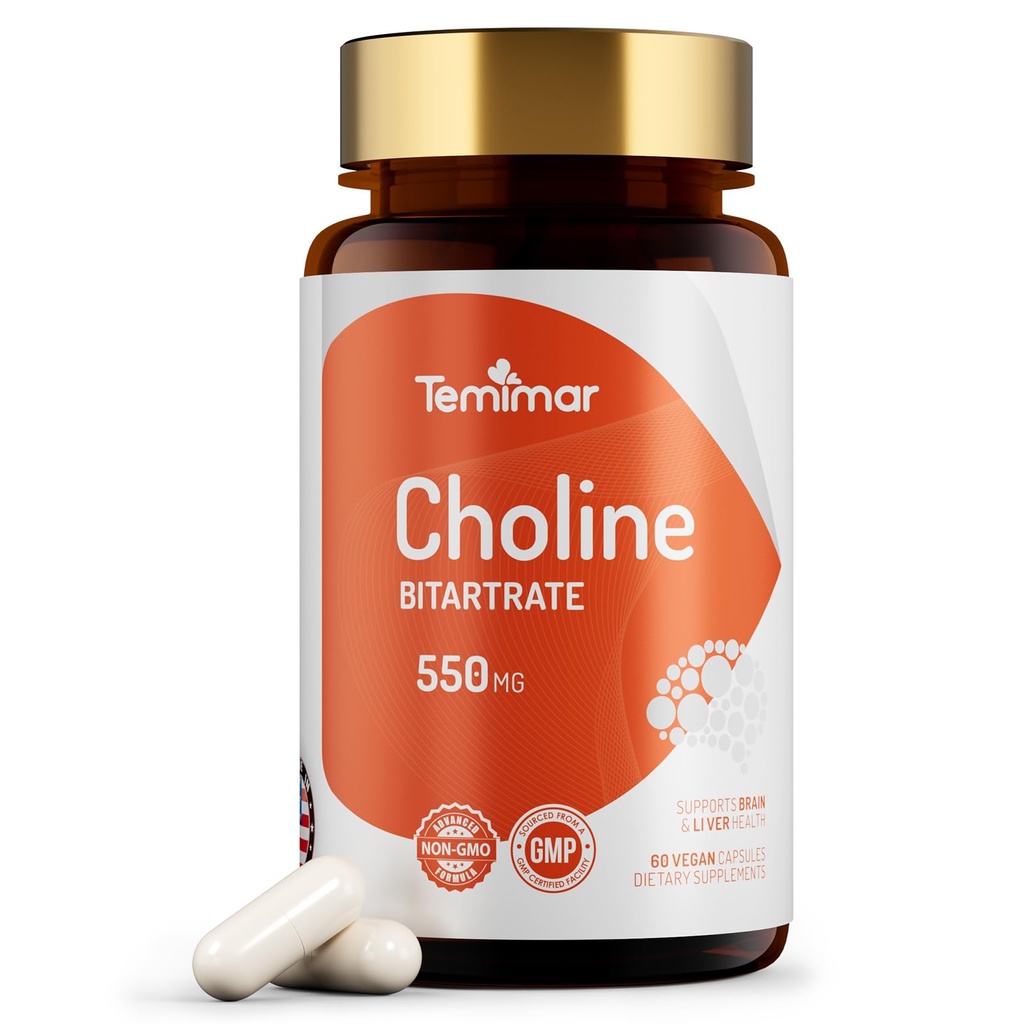 Choline Bitartrate 550mg, Supports Liver & Brain Health, High Absorption Choline Supplements, Non-GMO, Gluten-Free, Made in USA, 60 Vegan Capsules
