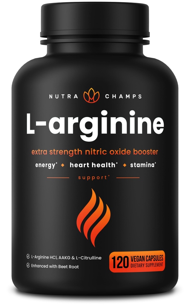 NutraChamps L- Arginine Supplement 1000mg + L- Citruline 250mg & Beet Root - Nitric Oxide Booster for Heart Health, Energy & Stamina - Extra Force Amino Acid Complex - 120 Vegan kapsułki