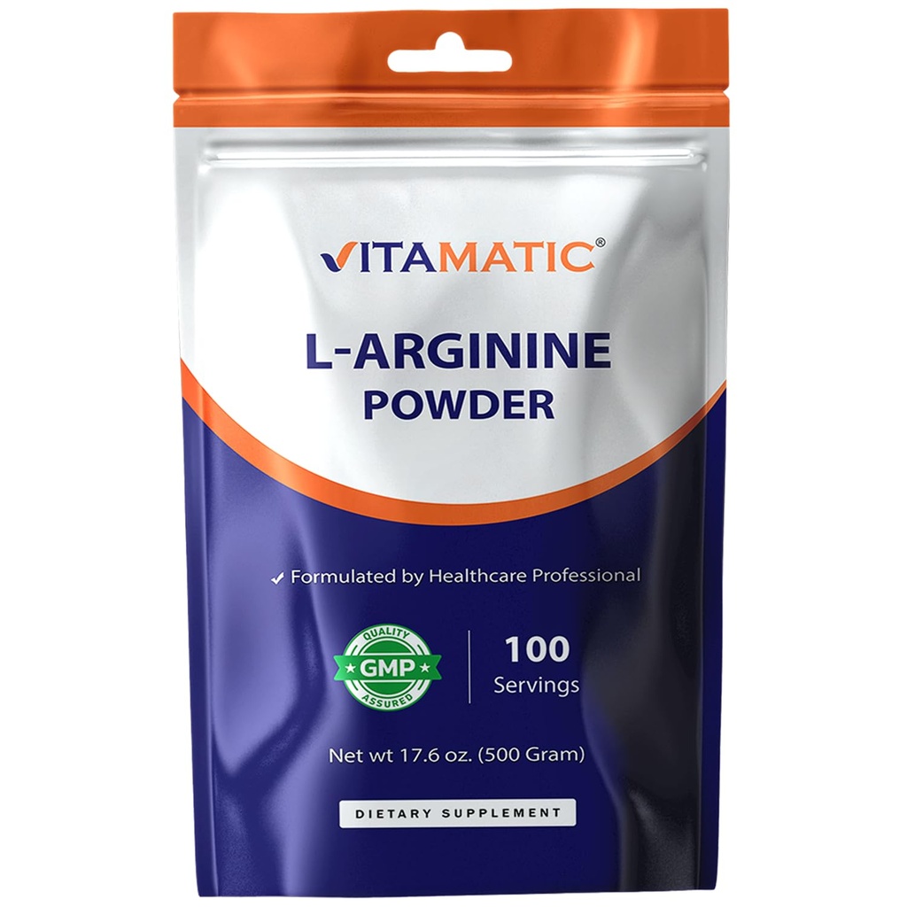 Vitamatic L- Arginine Pure Powder 500 Gram Description 124; Unflavored Description 124; Non GMO Description 124; Gluten Free Description 124; No Additives Description 124; 5000mg Per Serving Description 124; 100 Servings