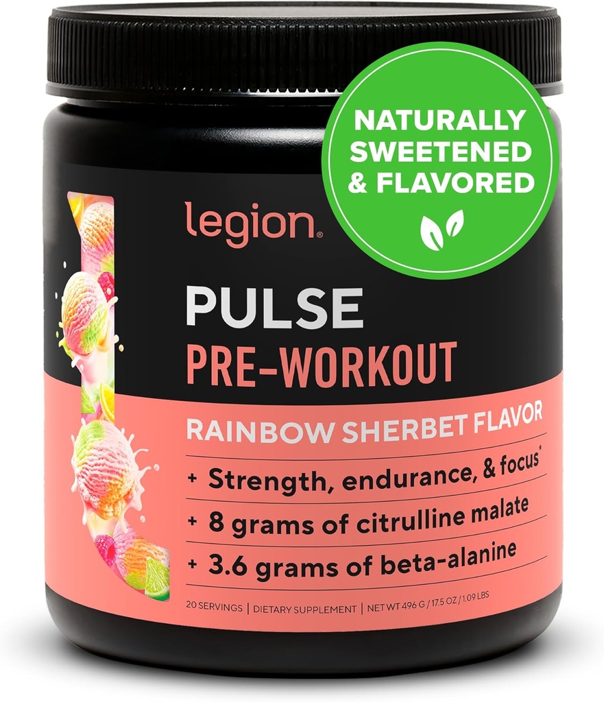 Legion Pulse pre Workout - All Natural Nitric Oxide Precuting Drink to Boost Energy, Creatine Free, Natural Sweetened, Beta Alanine, Citruline, Alpha GPC (Rainbow Sherbet)