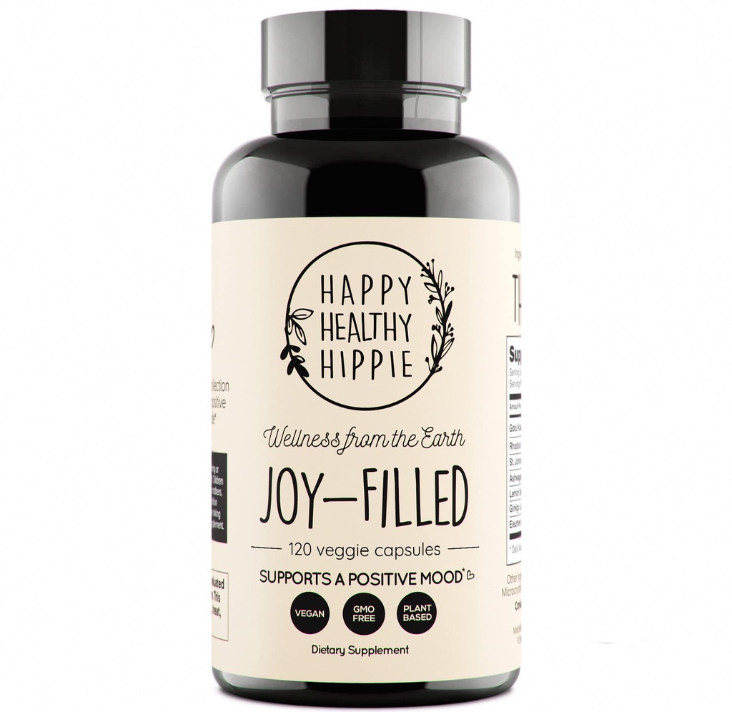 Suplement Wspomaganie nastroju Joy- Filled Mood Supplement - 7 Herb Complex w / St. Johns Worts (120 Ct) 124; Stress Relief Supplement z Rhodiola Rosea, Eleuthero British 124; Pomaga uspokoić umysł i ciało 124; 100% Plant- based Happy Pills
