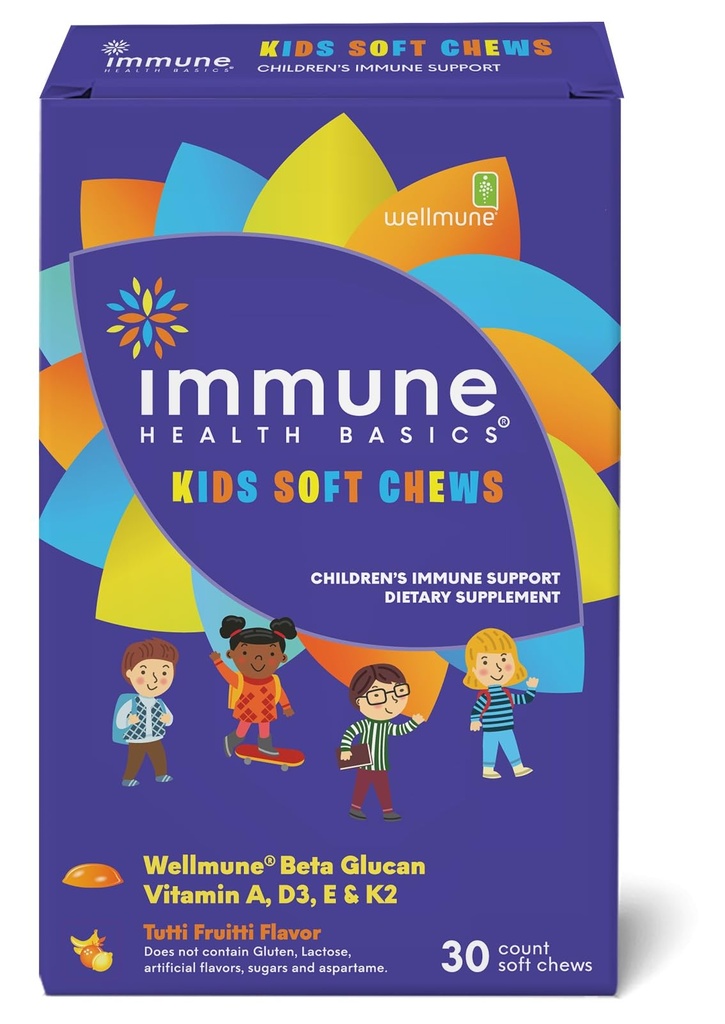 Kids Soft Chews with Wellmune ® Wellmune 124; Natural Beta Glucan Supplement for Immune Support & Daily Wellness Wellness 124; Allergen- Free & No Added Sugar British 124; Tutti- Frutti Flavor, 30 Soft Chews