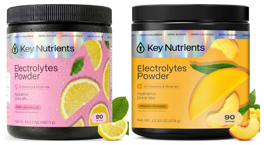 KLUCZOWE NUTRIMENTY Ultimate Hydration & Recovery Electrolyte Bundle - Tropikalna brzoskwinia Mango & Świeży różowy Lemoniada, Sugar- Free, 90 Służenia Każdy