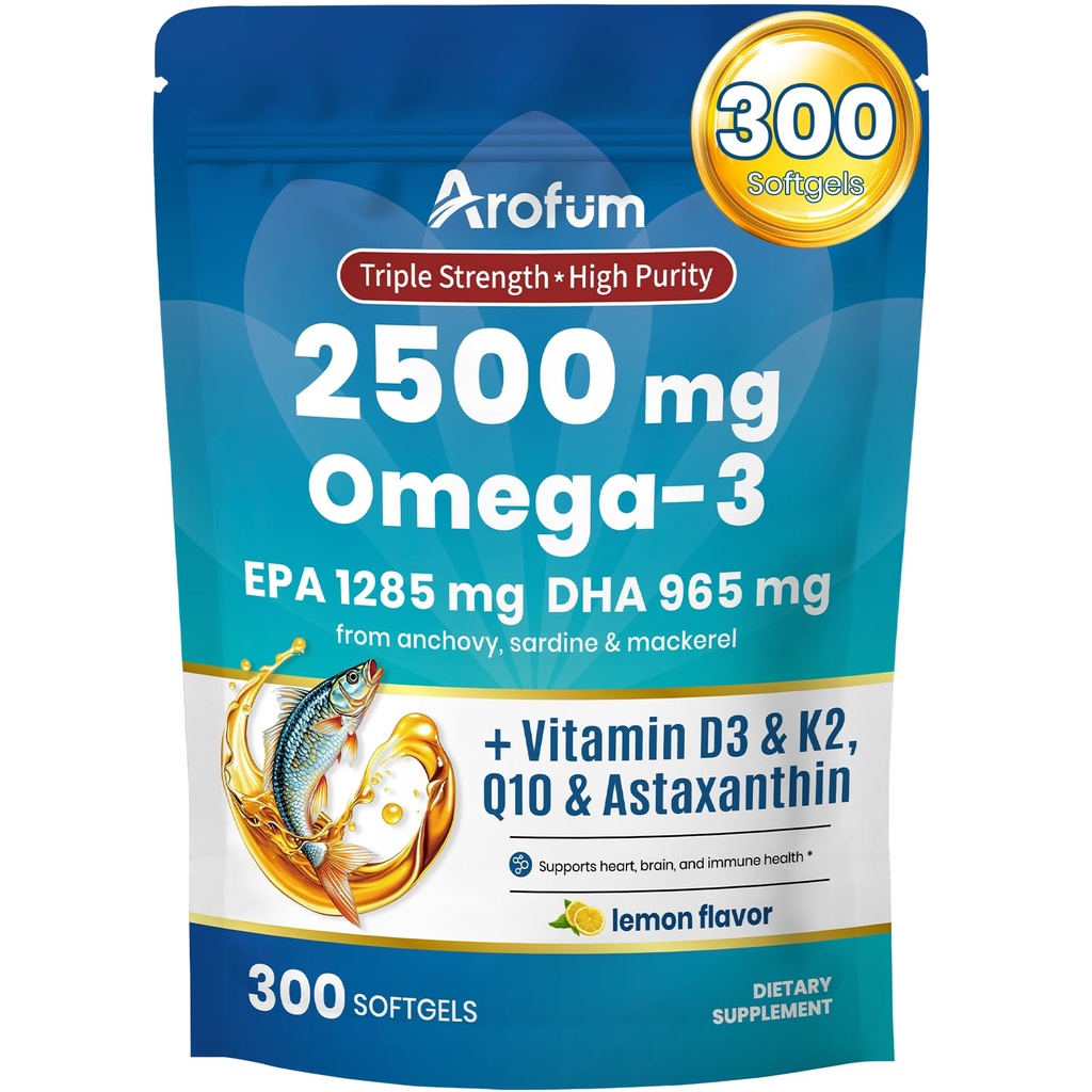 Omega 3 Fish Oil with Vitamin D3 K2 – 300 Lemon Flavored Burpless Softgels | Fish Oil Omega 3 Supplements Support Heart, Brain, Eyes & Immune Health | Gluten-Free, Non-GMO