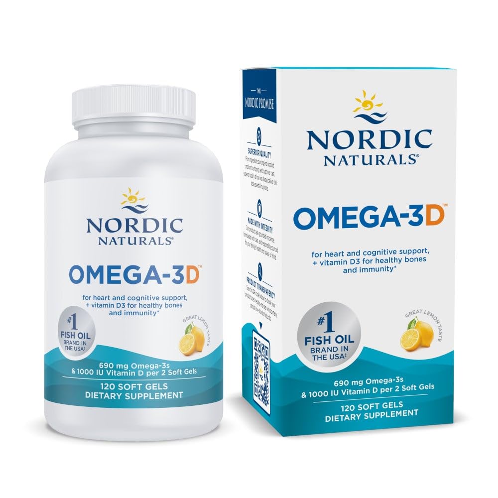 Nordic Naturals Omega- 3D, Lemon Flavor - 120 Soft Gels - 690 mg Omega- 3 + 1000 IU Witamina D3 - Olej rybny - EPA & DHA - Wsparcie immunologiczne, Zdrowie mózgu i serca, Zdrowe kości - Nie-GMO - 60 Służenie