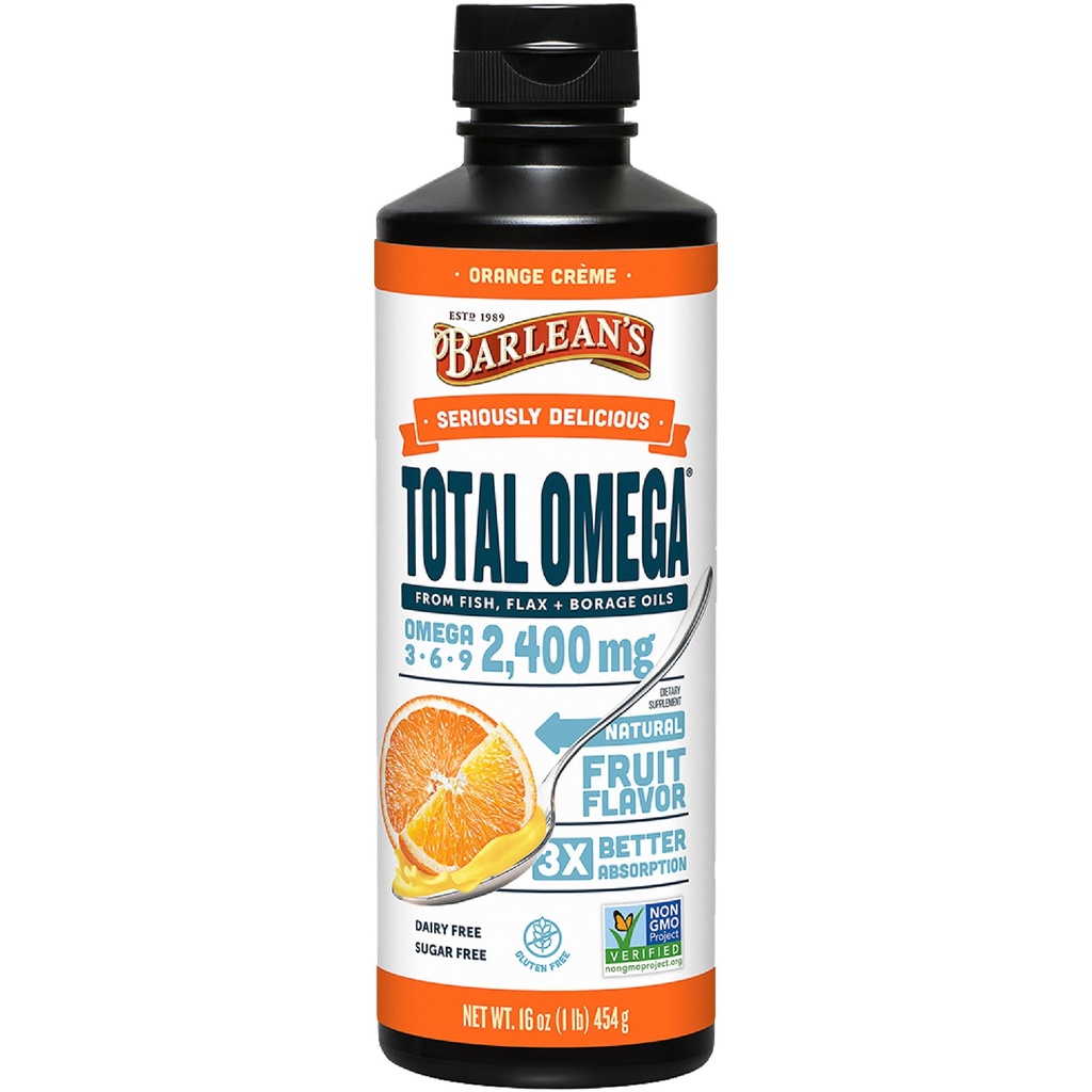 Barlean 's Total Omega 3 6 9 Liquid Fish Oil Supplement with Borage and Flaxseed Oil, Orange Crème, 2,400 mg EPA, DHA i GLA Fatty Acids, 16 oz