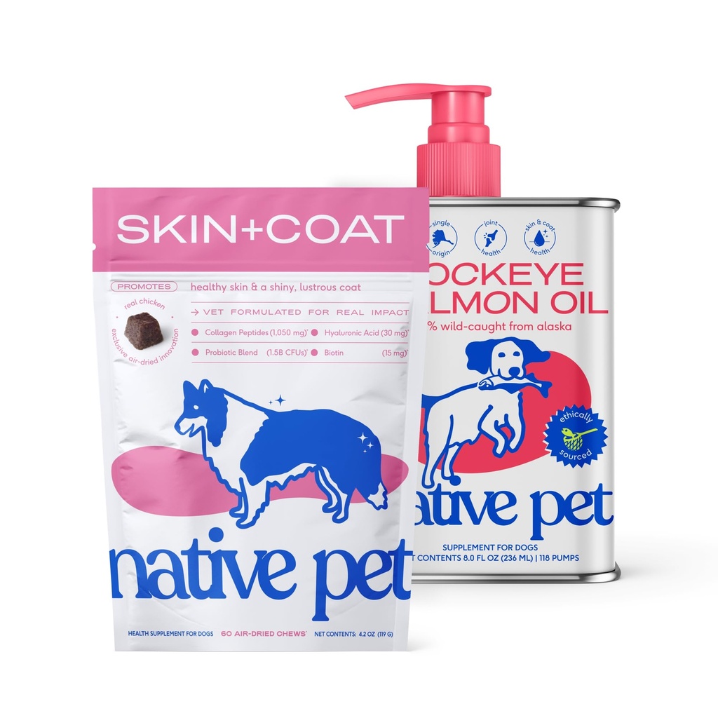 Native Pet Omega Skin and Coat Chews for Dogs (60 Air-Dried Chews) & Sockeye Salmon Oil for Dogs (8 Oz.) - Pure Omega 3 Fish Oil Promotes Healthy Skin, Shiny Coat, & Strong Joints