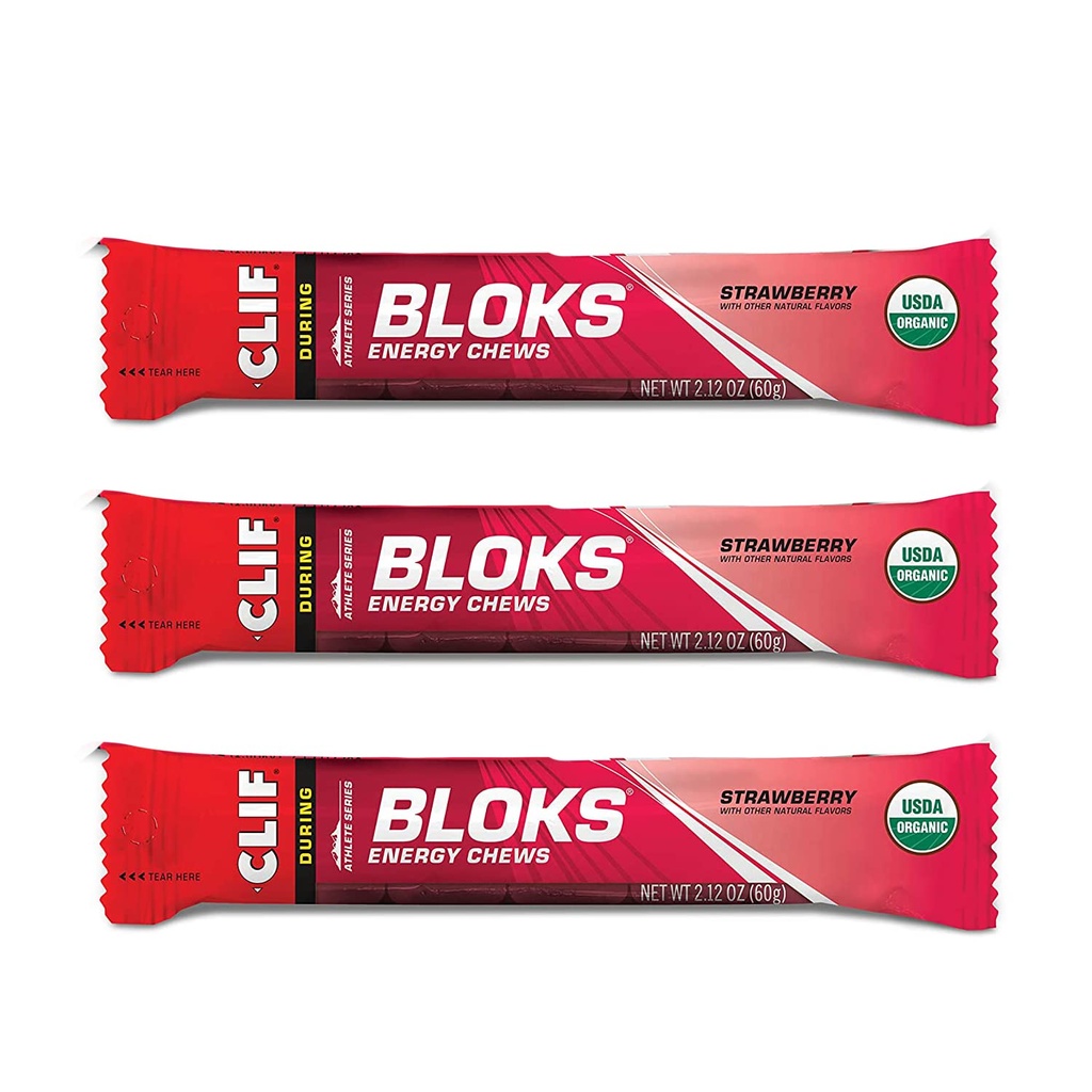 CLIF BLOKS - Przeżuwacze energii - Truskawki- Non-GMO - Żywność roślinna - Szybkie paliwo do jazdy na rowerze i Running- Workout Snack (2.1 Ounce Packet, 3 Count)