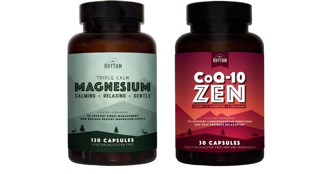 Rytm naturalny Cardio Calm Bundle - Triple Calm Magnezu 150mg, 120 Kapsułek + CoQ10- ZEN (Koenzym Q10 + L- Karnityna + L- Theanina), 30 Kapsułek