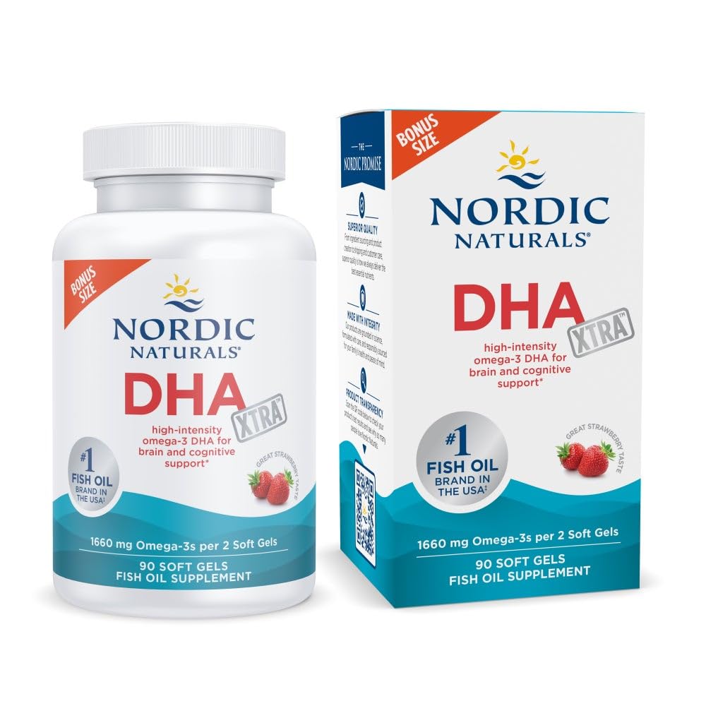Nordic Naturals DHA Xtra, Strawberry - 90 Soft Gels - 1660 mg Omega-3 - Wysoka Intensywność DHA Formuła dla wspomagania mózgu i układu nerwowego - Non-GMO - 45 Służenie