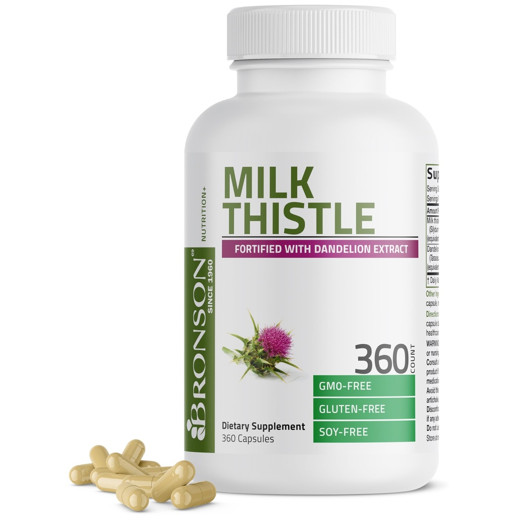 Bronson Milk Thistle Silymarin Marianum & Dandelion Root Liver Health Support, Antyoksydant Support, Detox, 360 kapsułki