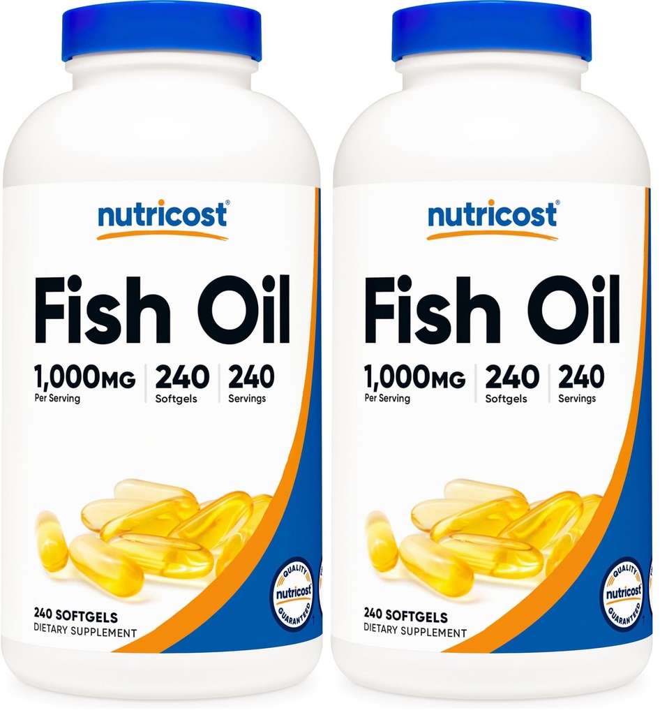 Nutricost Fish Oil Omega 3 Softgels with EPA & DHA (1000mg Fish Oil, 560mg Omega-3), 240 Softgels, Non-GMO, Gluten Free. (Opakowanie 2)