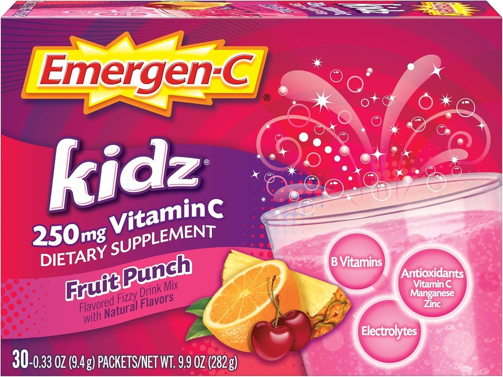 Emergen- C Kidz 250mg Dzieci Witamina C Proszek, Kofeina wolna, Napoje immunologiczne, Flavor poncz owocowy - 30 Count / 1 Miesiąc dostaw