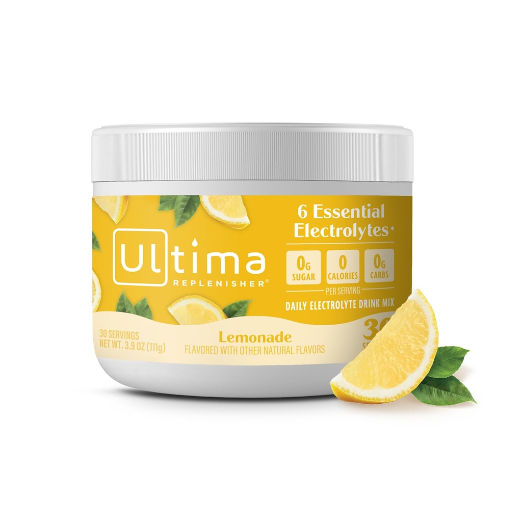 Ultima Replenisher Daily Electrolyte Powder Drink Mix - Cukier wolny - Lemoniada, 30 Słupki - Proszek nawadniający z 6 Kluczowe elektrolity i minerały śladowe - Keto Friendly, Wegan, Non-GMO