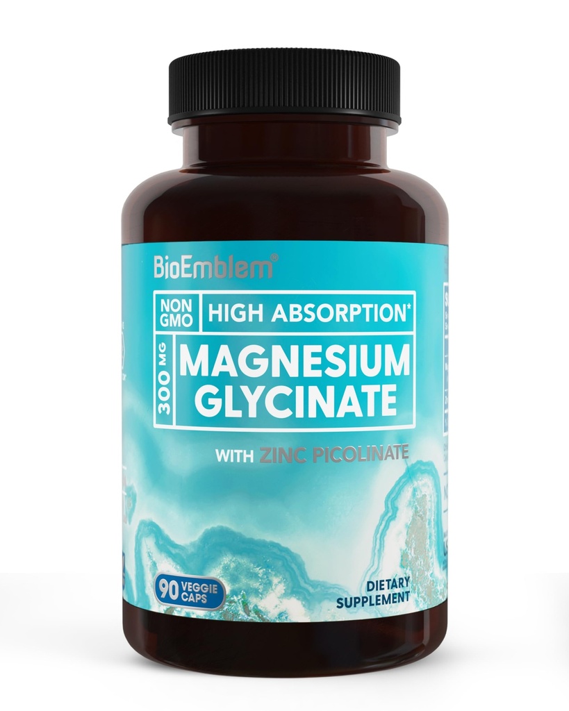Bioemblem Magnezu Glicynian z cynku - 300mg Chelated suplement magnezu - Wysoka absorpcja Wegan Non-GMO 2- in-1 Kompleks - Wsparcie immunologiczne, Mięśnie, Nerwy - 90 Kapsułki