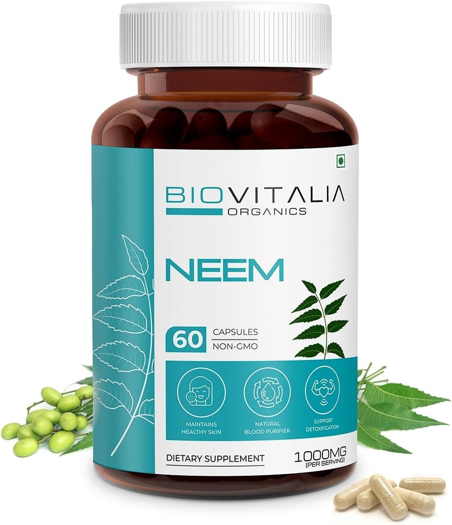 Biovitalia Plant Based Neem 1000mg Kapsułka dla mężczyzn i kobiet 124; Suplement diety Biologiczny 124; Wsparcie zdrowe i promowanie detoksykacji - 60 Kapsułki wegańskie