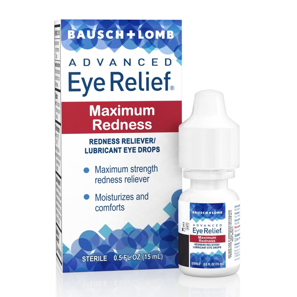 Bausch + Lomb Advanced Eye Relief, Maximum Reliever Residever and Lubricant Eye Drops, Soothes Burning & Irritated Dry Eyes, Moisturizes & Comforts, 0.5 Fl Oz (Opakowanie 6)