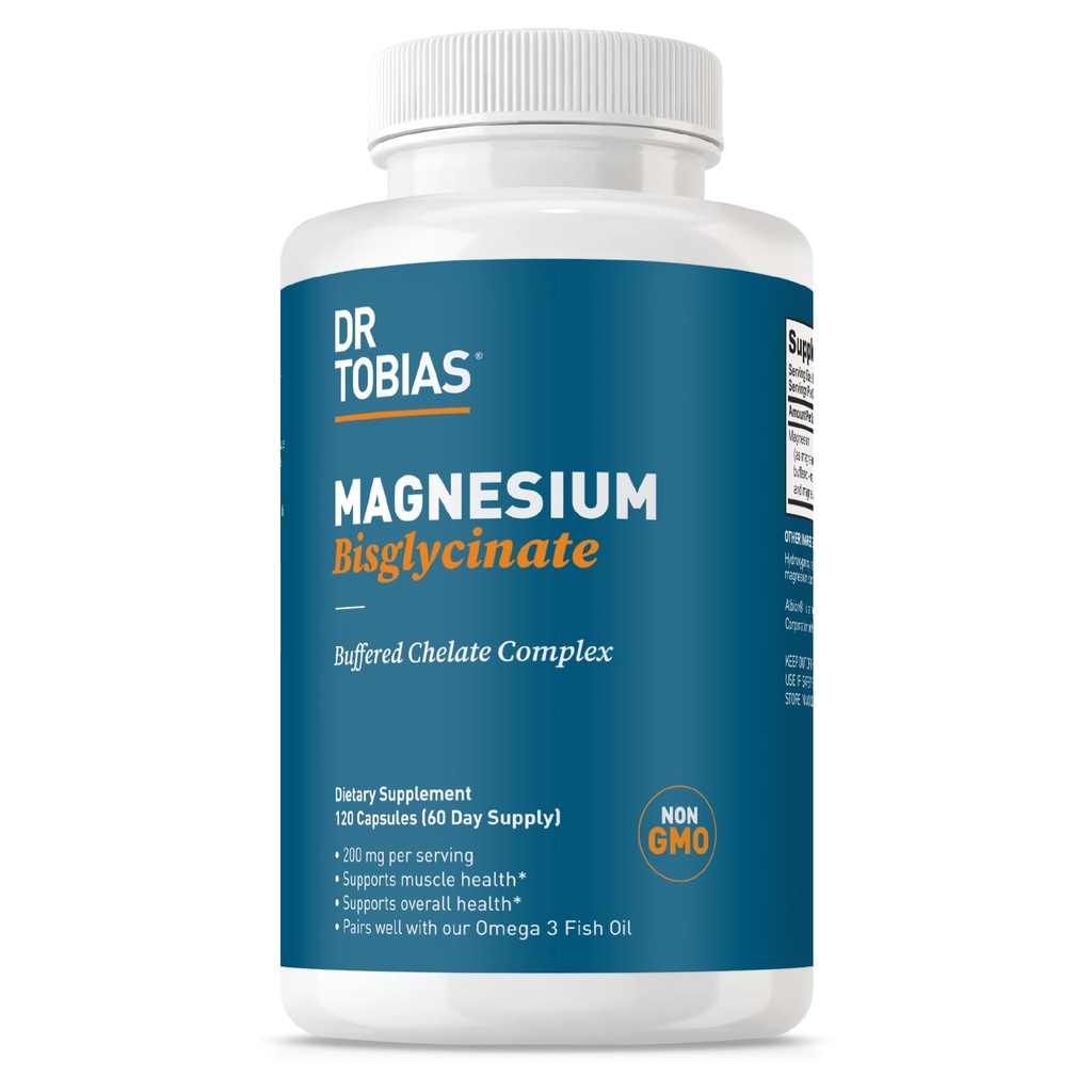 Dr. Tobias Magnezu Bisglicinate, Wysoka Absorpcja Magnezu Buffered Chelate Complex, 200 mg na kapsułkę, Supports Energy, Muscle, Bone & Joint Health, Non-GMO Magnezu suplement, 120 kapsułki