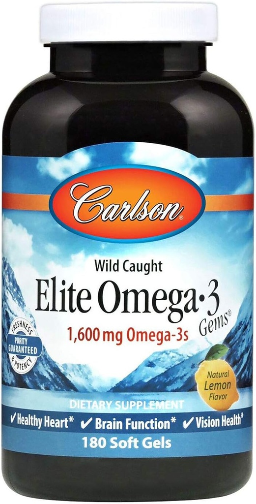 Carlson Elite Omega-3 Gems, Norwegian, 1, 600 mg Omega- 3, Soft żele, 180 Count