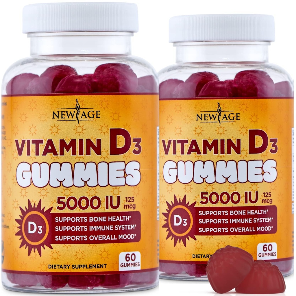 NEW AGE Vitamin D3 5000 IU 125mcg Gummies - Immune Supplement - Non-GMO, Gluten-Free, Dairy-Free, No Gelatin (120 Gummies (Pack of 2))
