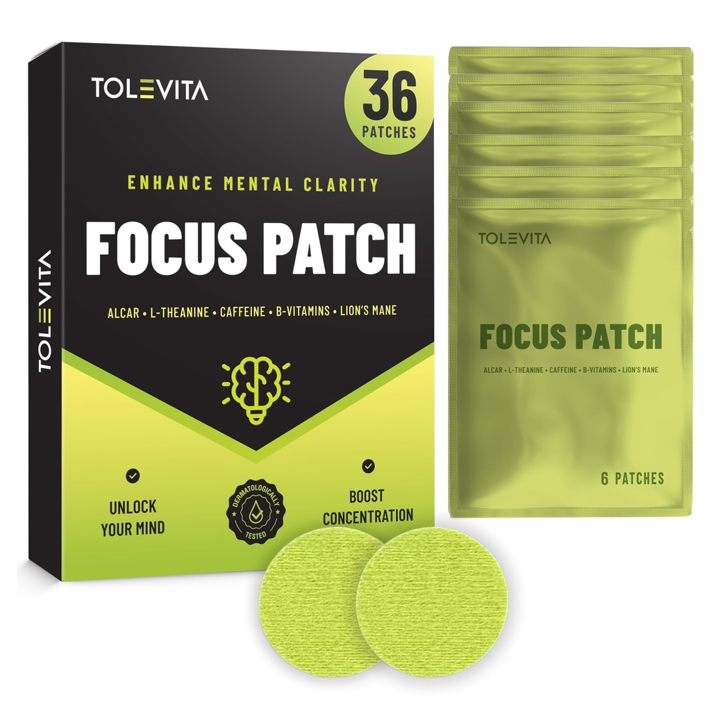TOLEVITA Focus 36 pcs Patches – Mental Clarity & Energy - ALCAR, L-Theanine, B-Vitamins, Lion’s Mane – Convenient On-the-Go Patches