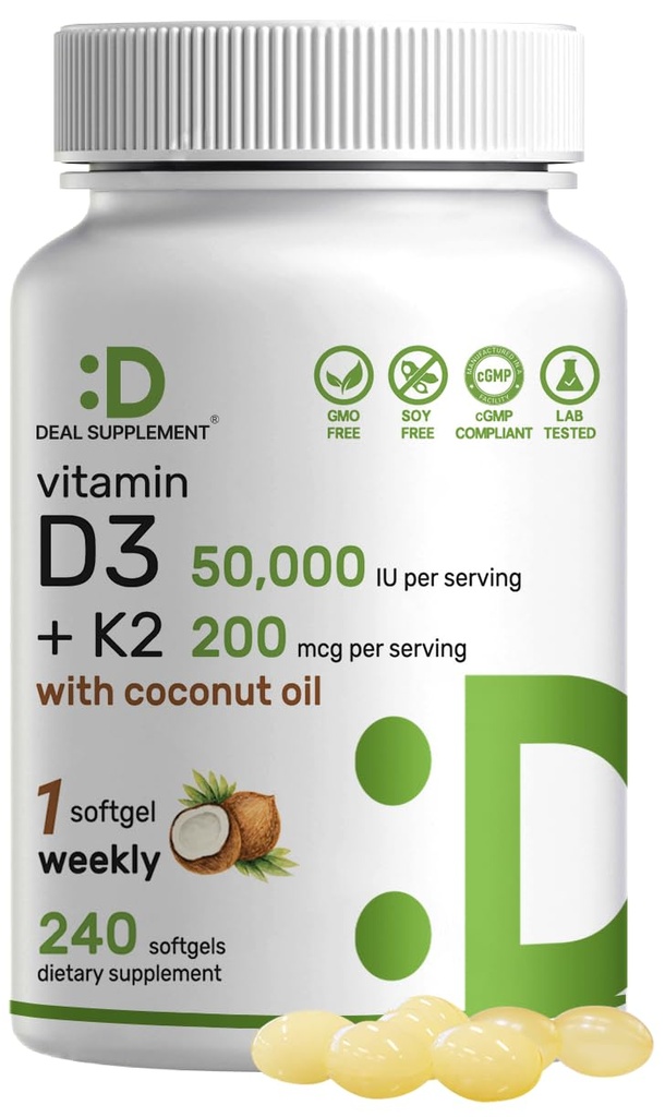 DEAL SUPPLEMENT Vitamin D3 50,000 IU + K2 MK7 200mcg Softgels, 240 Count | 2-in-1 Complex with Virgin Coconut Oil | Supports Heart, Bone, Teeth & Immune Health | Easy to Swallow