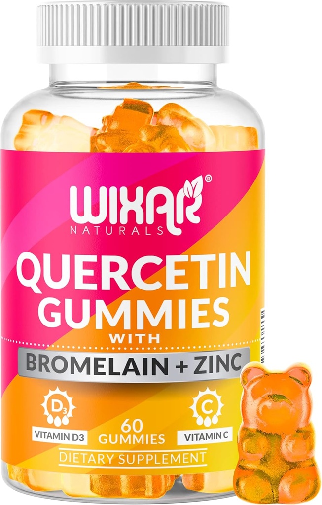 Quercetin Gummies - Quercetin 500mg z Bromelainem, Cynkiem, Witaminą C & D3 - Quercetin Gummy Supplements for Immune Support and Alergy - Immunity Booster Vitamins Supplement - 60 Chewable