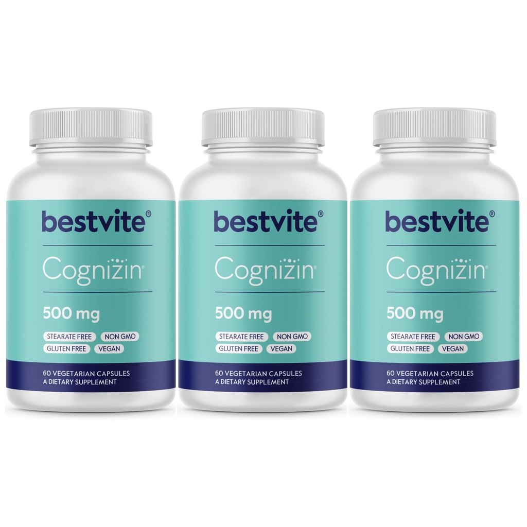 BESTVITE Cognizin Citicoline 500mg (180 Kapsułek wegetariańskich) (60x3) - Clinically Studied Premium Choline Nootropic - No Stearates - Vegan - Gluten Free - Brain Supplements for Memory and Focus
