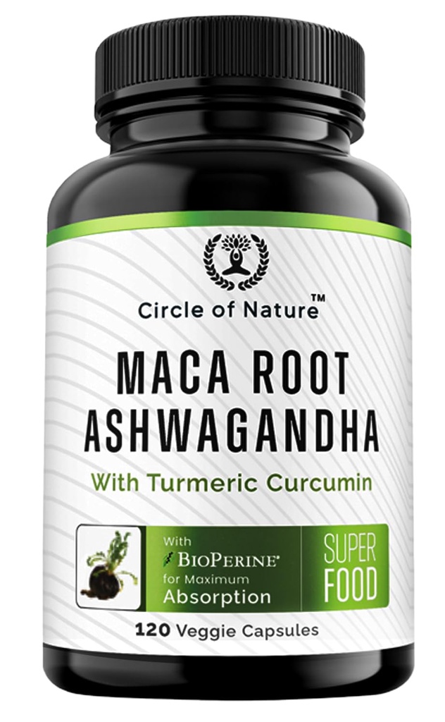 Maca Root, Ashwagandha Root Extract, Kapsułki dla mężczyzn i kobiet z kurkumina turmerowa i bioperine 120 Kapsułki Made in USA