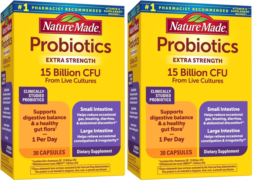 Nature Made Probiotics for Digestive Health Extra Strength 15 Billion CFU from Live Cultures,Probiotics for Women and Men,30 Probiotic Capsules,30 Day Supply,(Pack of 2)