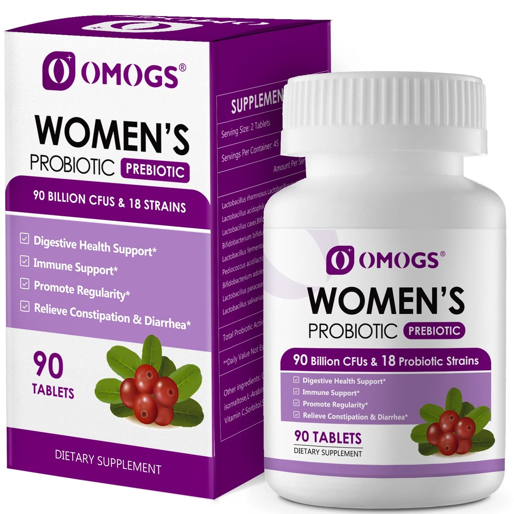 OMOGS Kobiecy Probiotyk, z ekstraktem żurawinowym, Organiczne Prebiotyki i Witamina C, 90 Miliard CFU, 18 Szczepów, Pomoc dla Boost Immune, Digestive, Gut Health & Kobiet 's Health, Gluten & Soy Free, 90 Tabletki