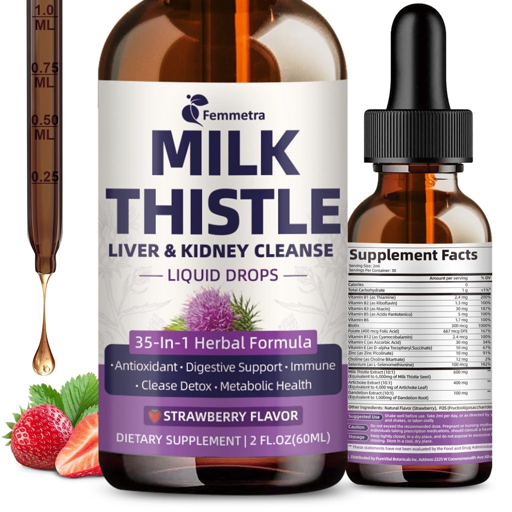 Wyciąg ciecz ciecz z mleka Thistle do detox i naprawy wątroby, 35- IN-1 Nerki Suplement wsparcia z Artichock & Dandelion do Traktu moczowego, Bladder, Wegan, Non-GMO, Strawberry Flavor, 2 FL OZ