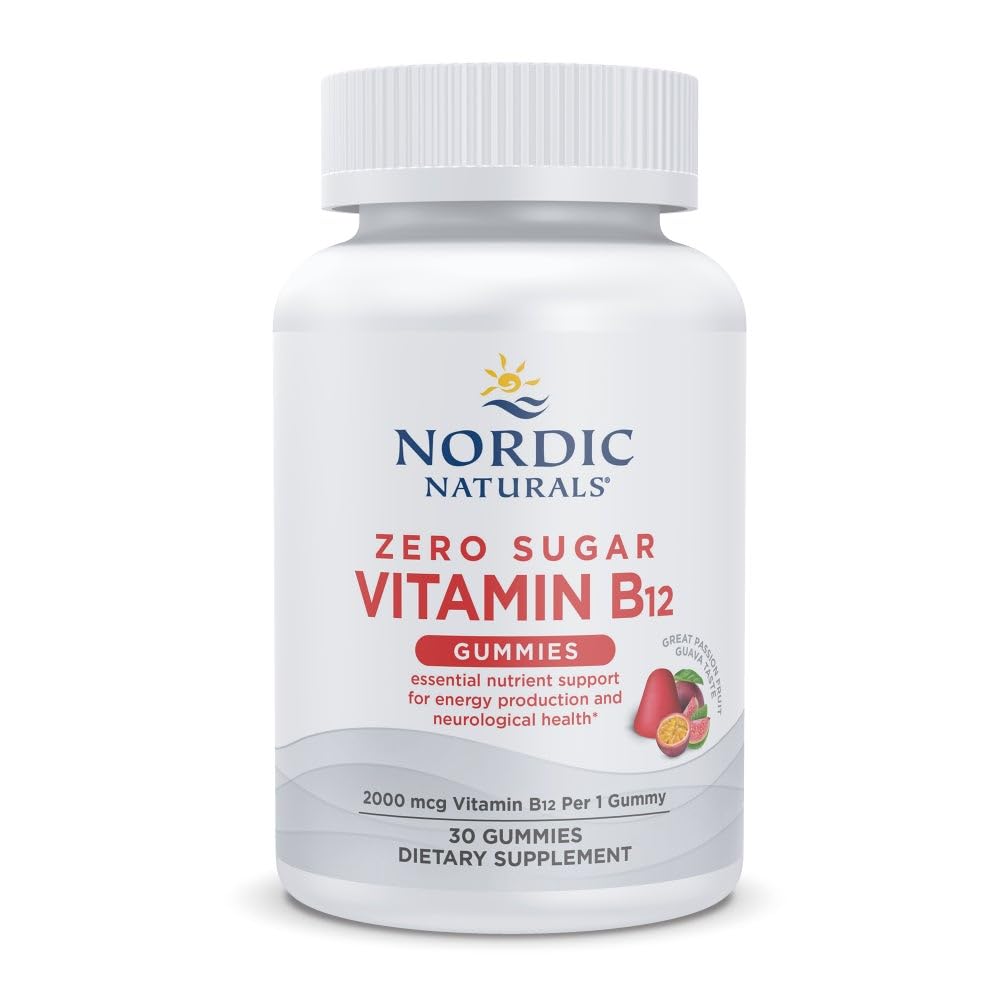 Nordic Naturals Zero Sugar Witamina B12 Gummies - 2000 µg Witamina B12 per Gummy, Passion Fruit Guava Flavor - 30 Gummies, Esential Nutriant Support for Energy Production and Brain Health, 30 Servings