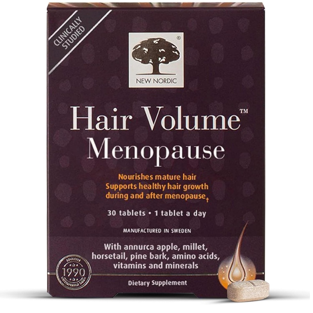 Nowy Nordic Hair Volume Menopauza, Wspiera zdrowy wzrost włosów podczas i po menopauzie, Pine Bark i Annurca Apple Extract, 30 tabletek