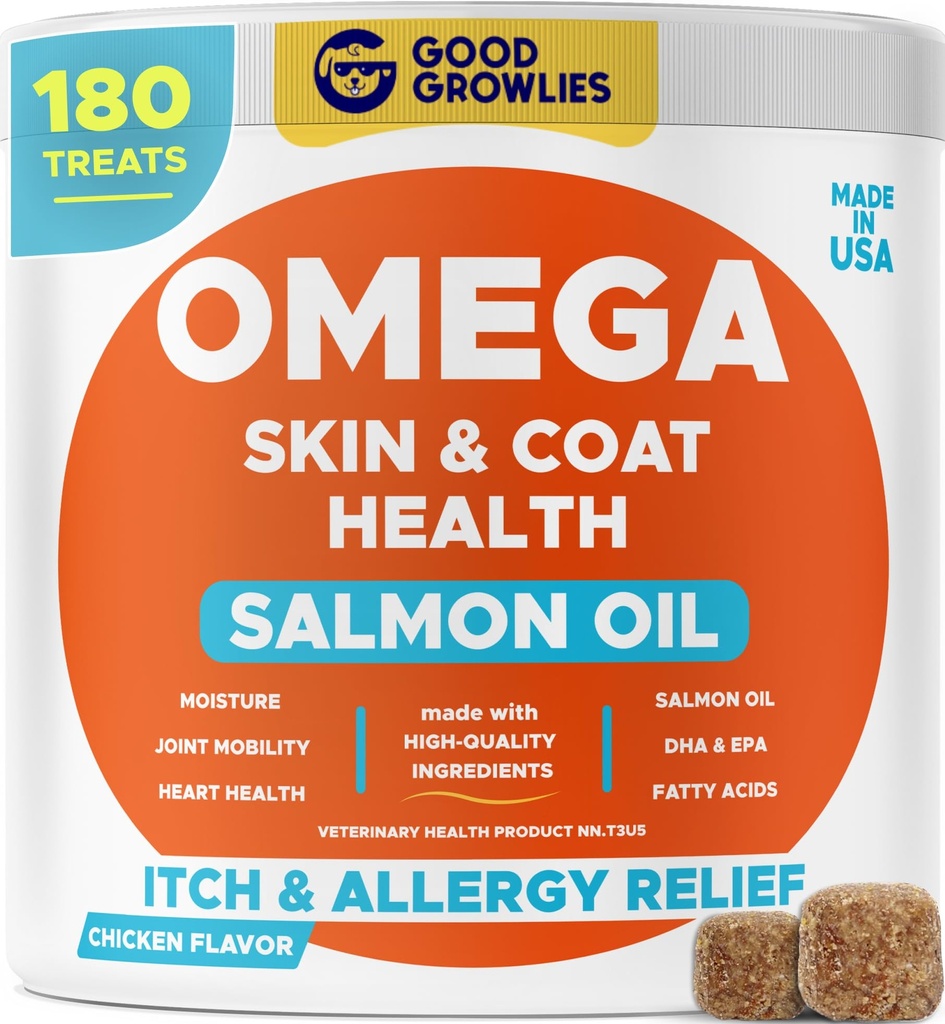 Omega 3 Fish Oil for Dogs (180 Ct) - Chews Skin & Coat - Suchy & Swędzacz skóry Relief + Wsparcie alergii - Shiny Coats - EPA & DHA Fatty Acids - Natural Salmon Oil Chews Promotes Heart, Hip & Joint Support