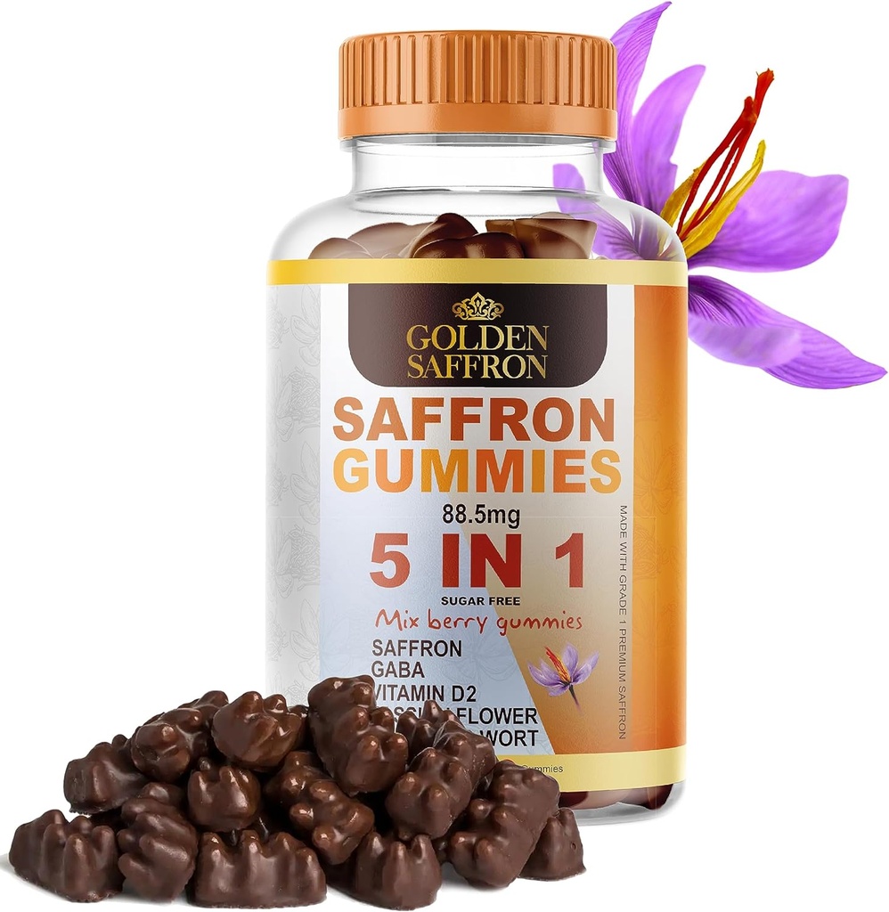GOLDEN SAFFRON, Saffron Gummies Zawiera 88,5 mg. Czysty Saffron Extract + GABA, Witamina D2, Kwiat Pasji i Dziurawiec św. Jana, dla Holistic Wellness, Wiśnie Flavor Vegan