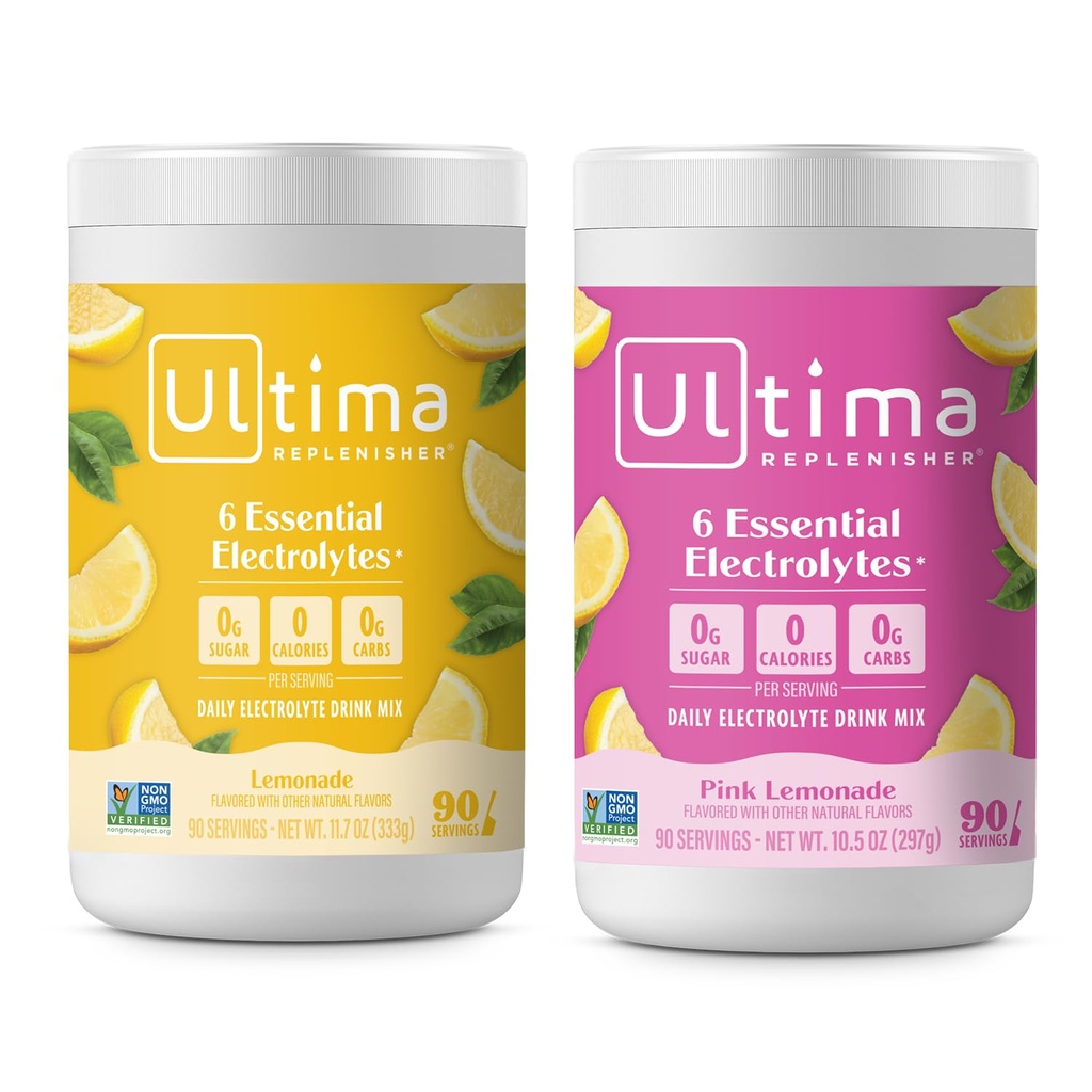 Ultima Replenisher Electrolyte proszek napój Bundle - Cukier wolny - Lemoniada i różowy Lemoniada, 90 Servings- Proszek nawadniający - 6 Kluczowe elektrolity i minerały śladowe - Keto Friendly, Nie-GMO