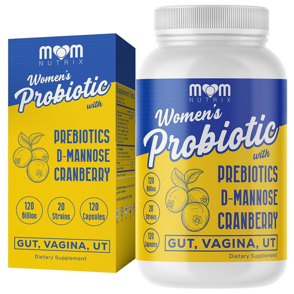MOM NUTRIX Probiotic for Women - Vaginal, Gut, UT, pH Balance, Feminine & Digestive Health - Prebiotics with Probiotics, Cranberry, D-mannose - Bifidobacterium and Lactobacillus - 120 Capsules