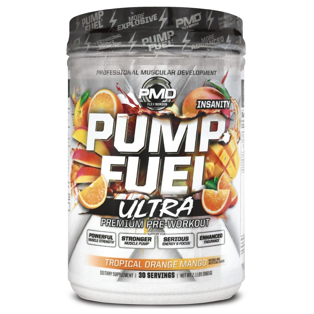 PMD Pompa sportowa Paliwo Ultra Insanity - Premium Pre Workout Powder & Pompa mięśniowa, Greater Focus, Endurance & Recovery, Premium Creatine, Arginine & Beta Alanine, Tropical Orange Mango (30 Servings)