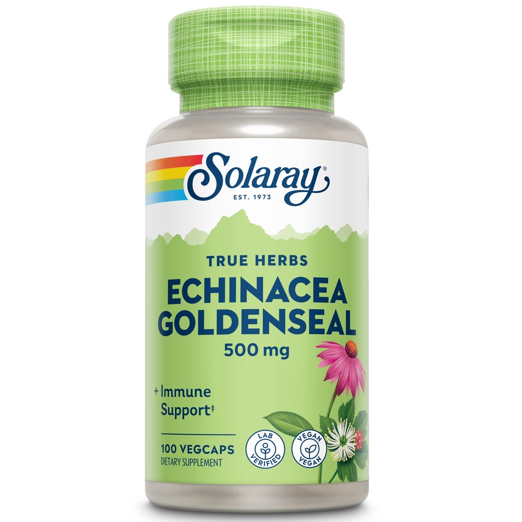 SOLARAY Echinacea Goldenseal - Potężny Mieszanka Dwa Ziołowe Suplementy dla Wsparcia Wellness - 250mg Ea Echinacea Root i Goldenseal Root - Nie GMO, Wegan, Gluten Free, 60- Day Guarantee, 100 Sługi